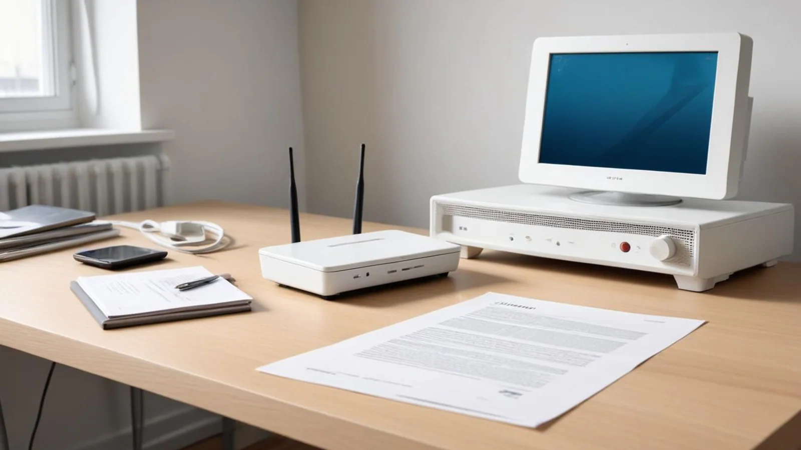 Router, mobiltelefon och avtal som illustration till villkorsändringar för bredband och telefoni