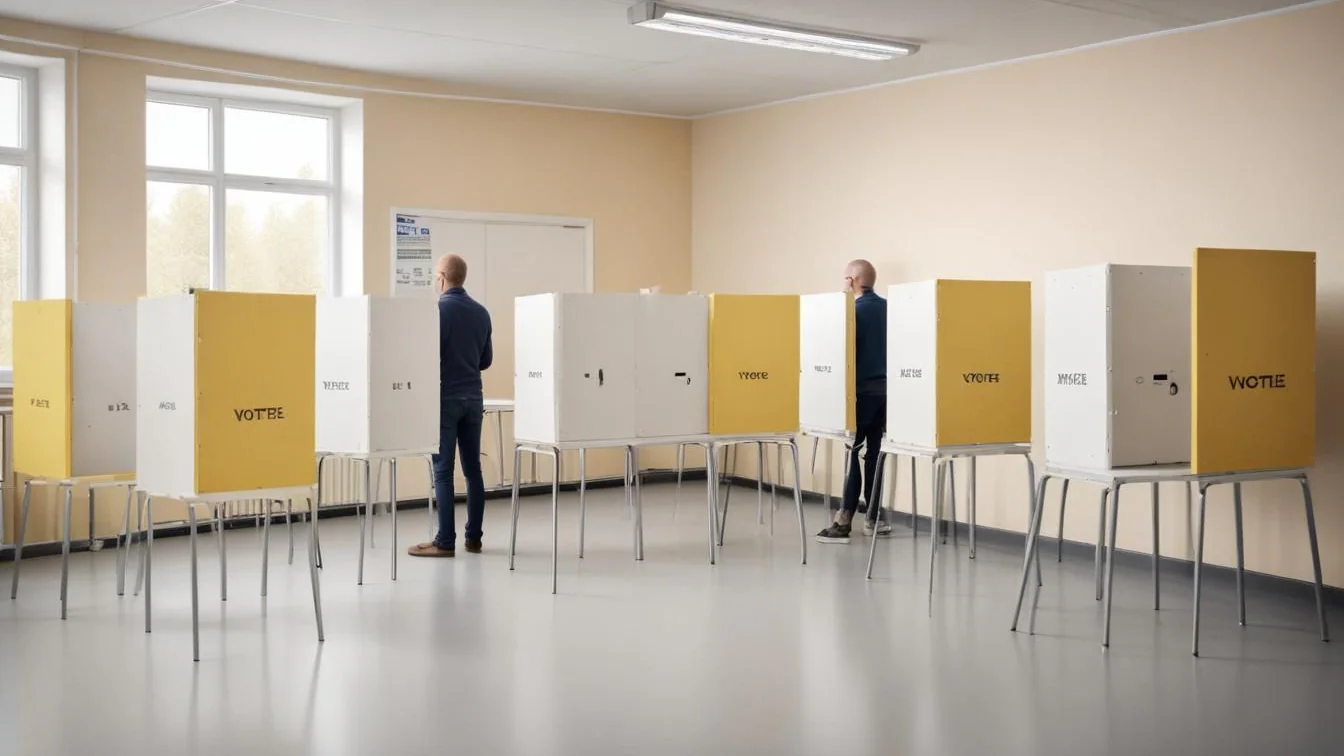 Neutral vallokal med valurna och röstningsskärmar inför svenska valdagen 2026