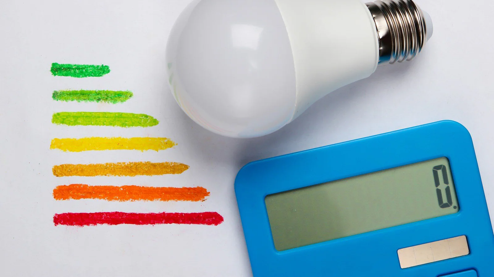 Energieffektivitetsklassning med LED-lampa och miniräknare som illustration till guide om energimärkning
