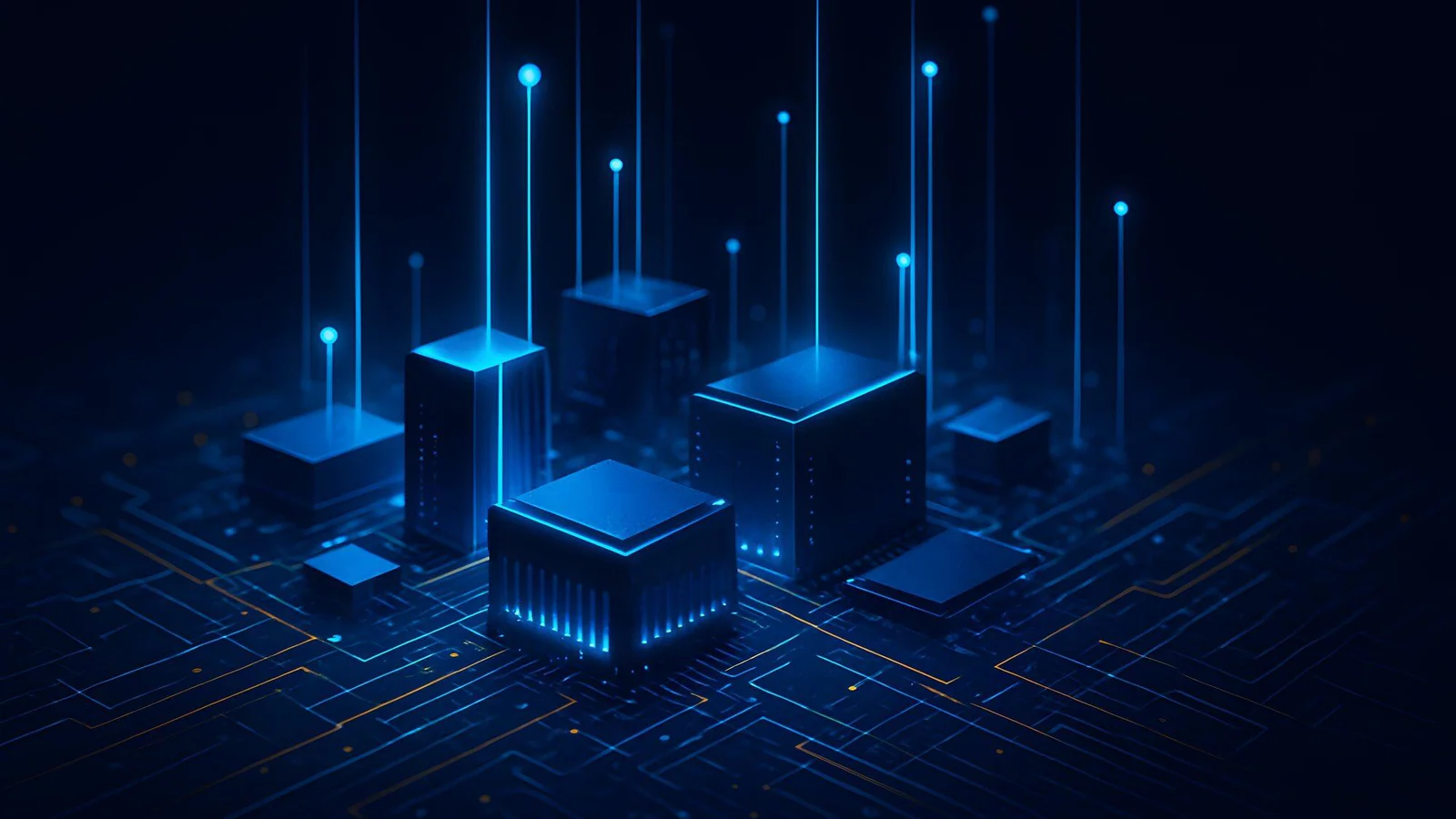 Illustration av AI-datacenter och kretskort för artikel om Qualcomm och Amazon