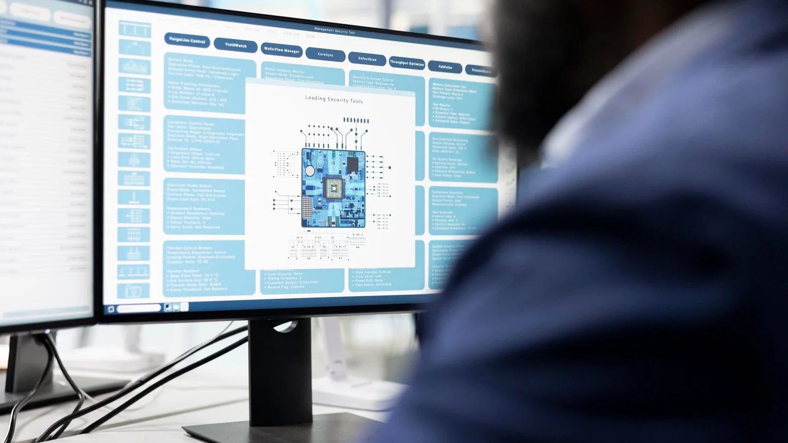 Ingenjörer granskar mikroelektronik och kretskort – illustrationsbild till artikel om AI-assisterad chipdesign