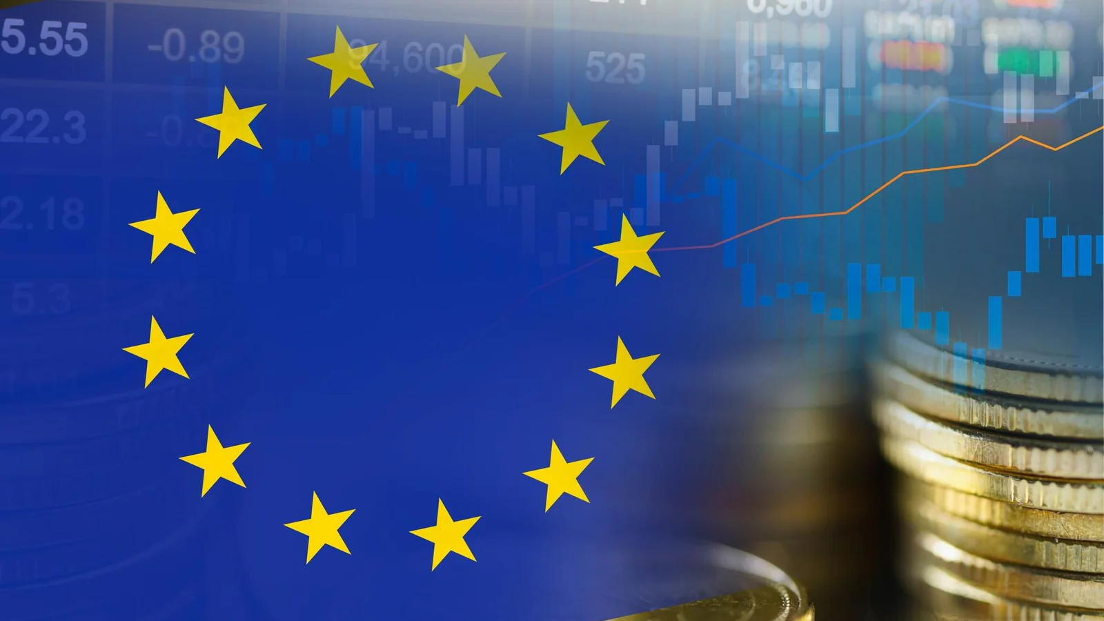 Illustrationsbild av euromynt, EU-symbolik och finansmarknadsdata