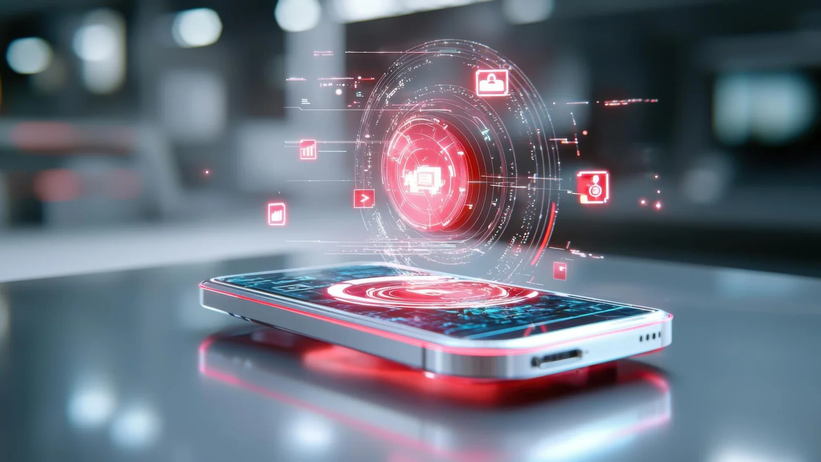 Futuristisk smartphone med digitalt gränssnitt – illustration till TikToks arbete mot AI-spam