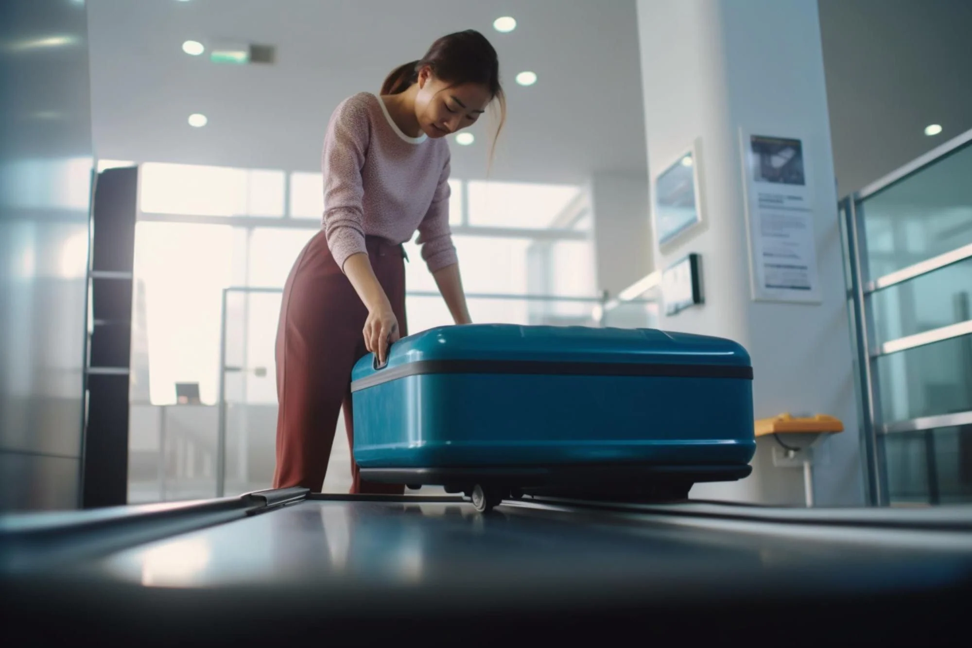 Resenär checkar in bagage vid flygplatsens disk inför resa med större och särskilt bagage