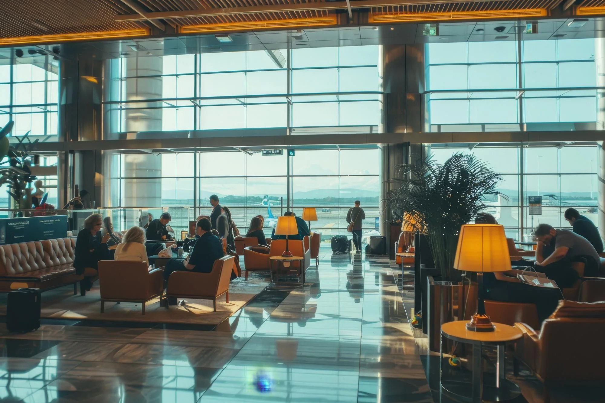 Modern flygplatslounge med bekväma sittplatser och stora fönster för resenärer före flyget