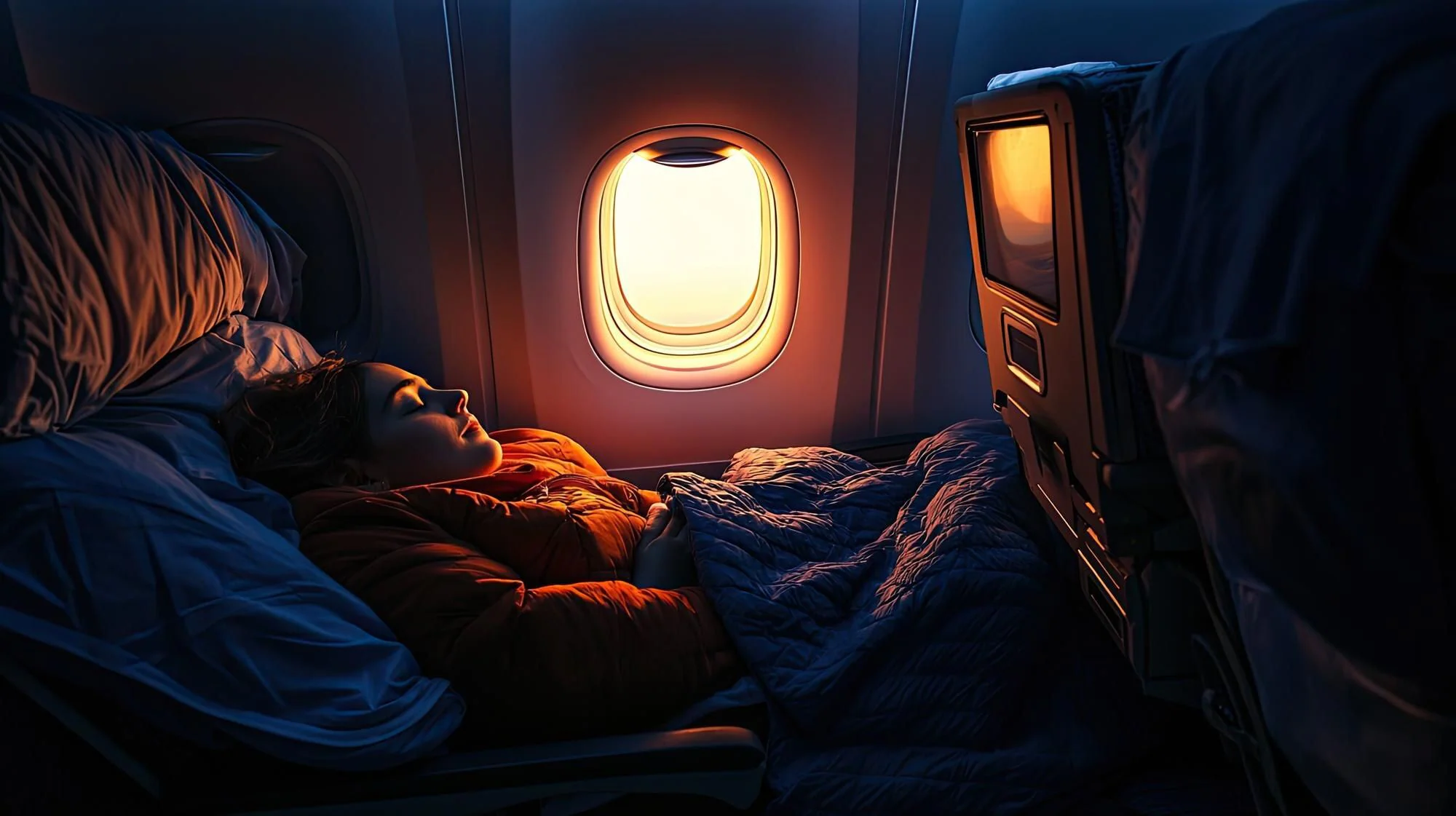 Passagerare sover vid flygplansfönstret under en lång nattflygning