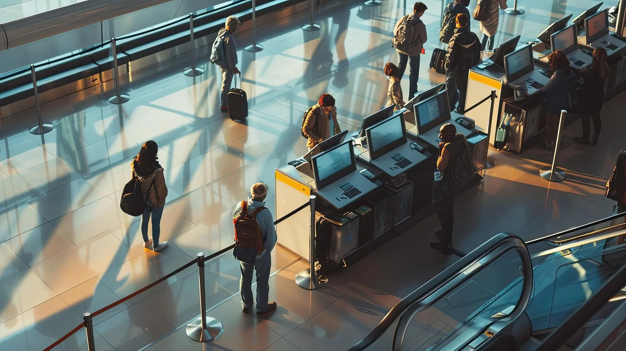 Passagerare med bagage vid flygplatsens incheckningsdisk inför avresa