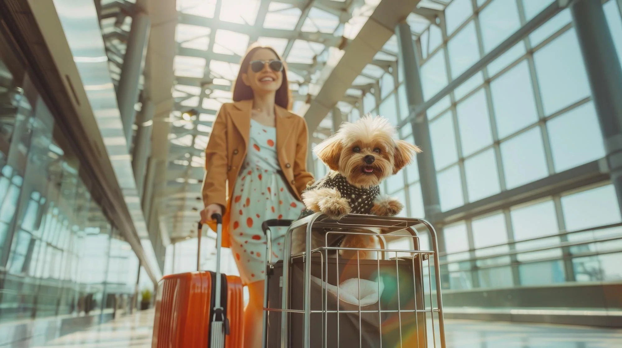 Resenär med hund i transportbur och bagagevagn på flygplatsterminal