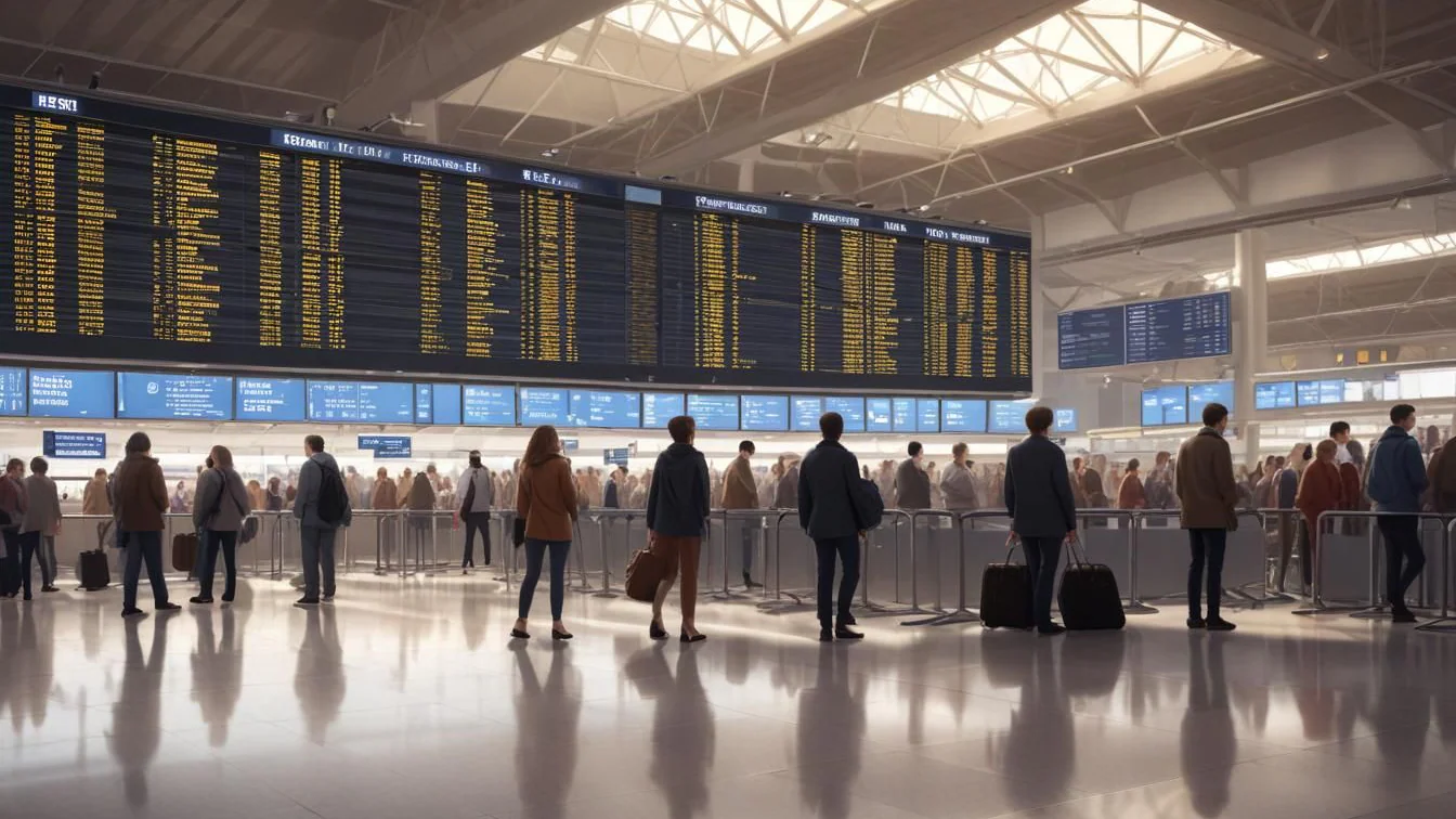 AI-genererad illustrationsbild av resenärer i en flygplatsterminal under flygstörningar