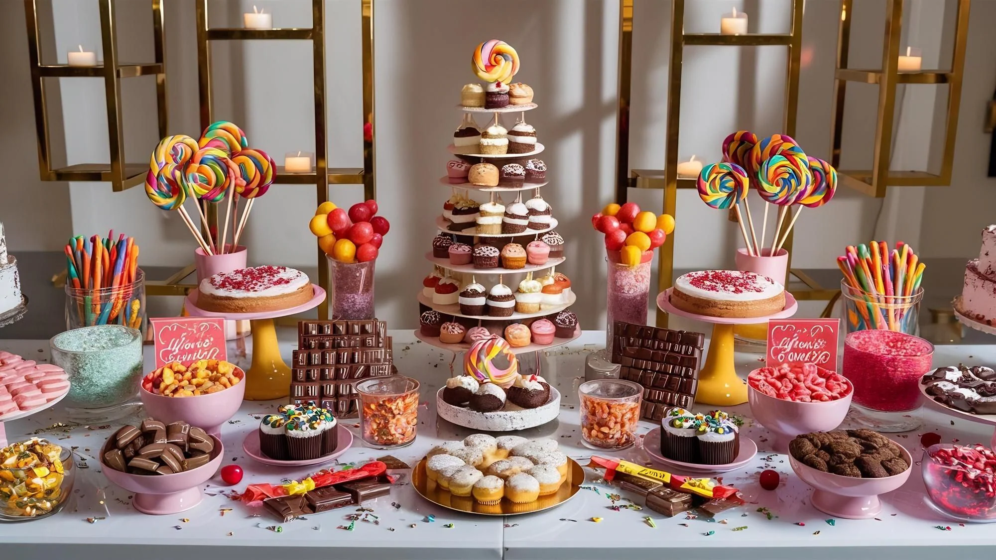 Dessertbord med kakor och sötsaker uppdukat inför en fest