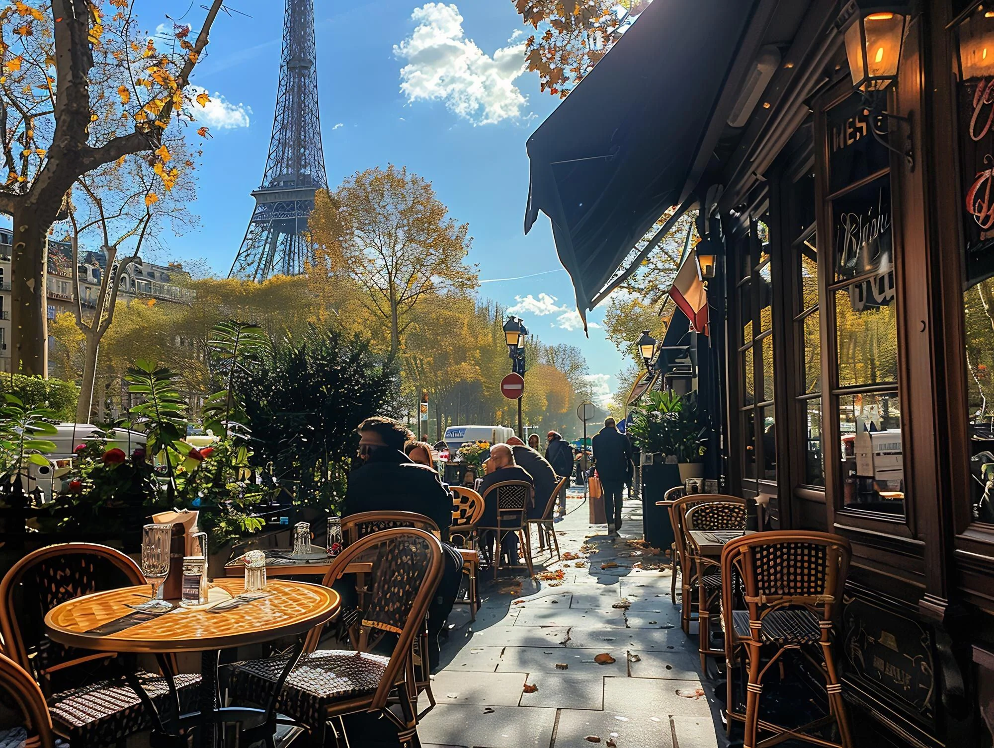Parisisk uteservering med utsikt mot Eiffeltornet som illustration till en weekend i Paris