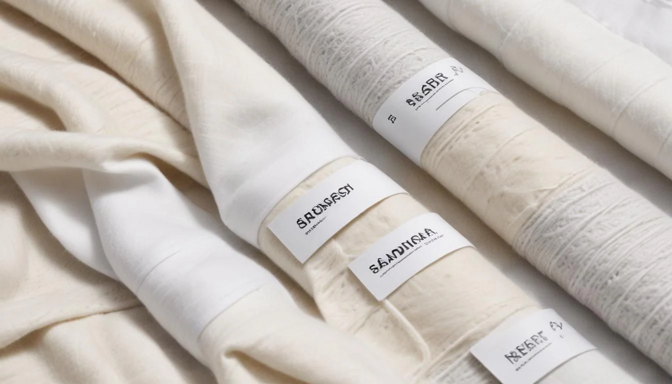 Kläder i olika material med textiletikett som illustrerar fibersammansättning och märkning