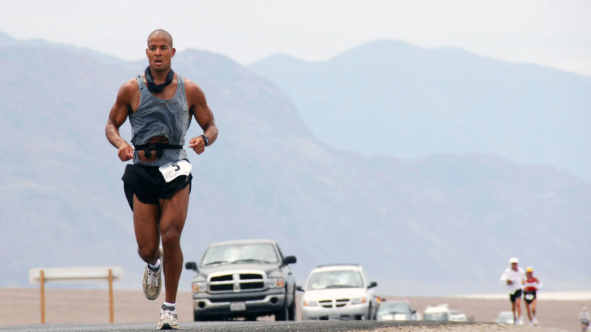 070723-N-6138R-001 SAN DIEGO (July 23, 2007) - U.S. Navy SEAL, Petty Officer 1st Class David Goggins runs 135 miles through Death Valley, California in the Kiehl's Badwater Ultra Marathon that began in the Badwater Basin, the lowest point i