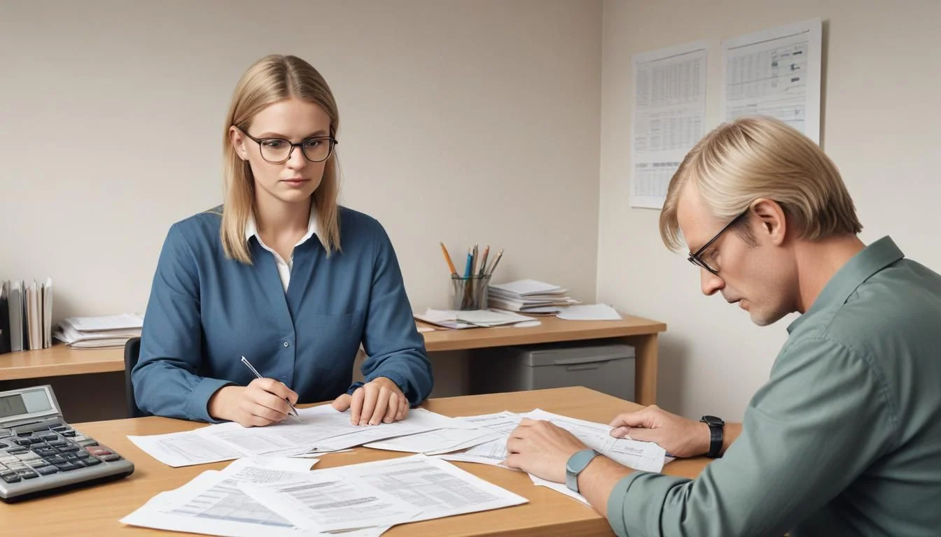 Person går igenom räkningar och budget tillsammans med en rådgivare