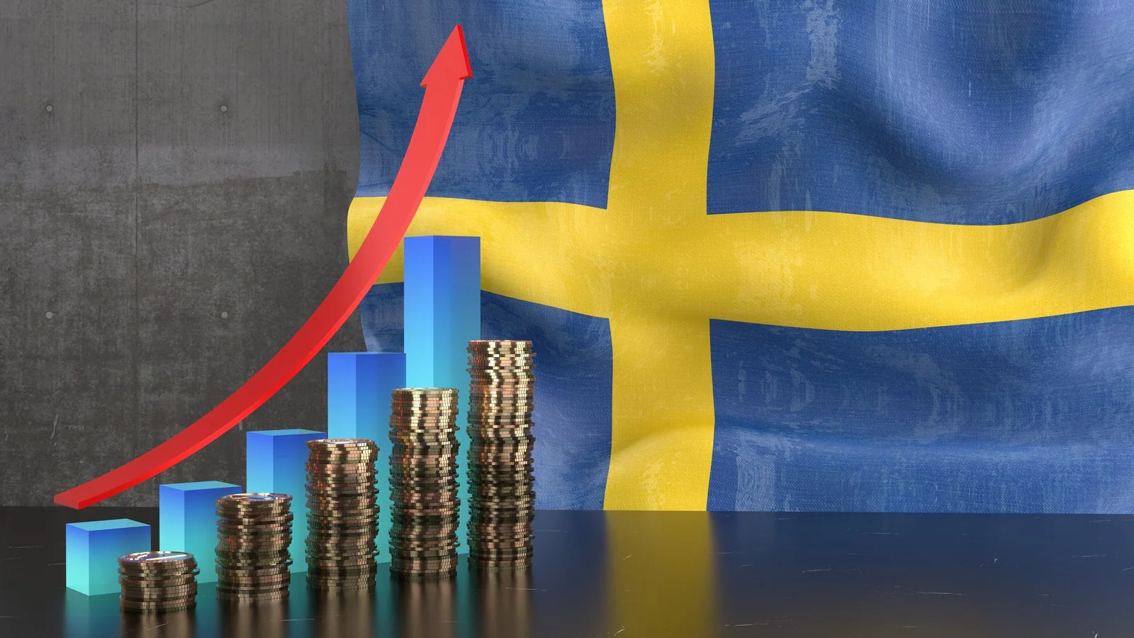 Sveriges flagga och ekonomiskt diagram som illustrerar Riksbankens kontracykliska kapitalbuffert
