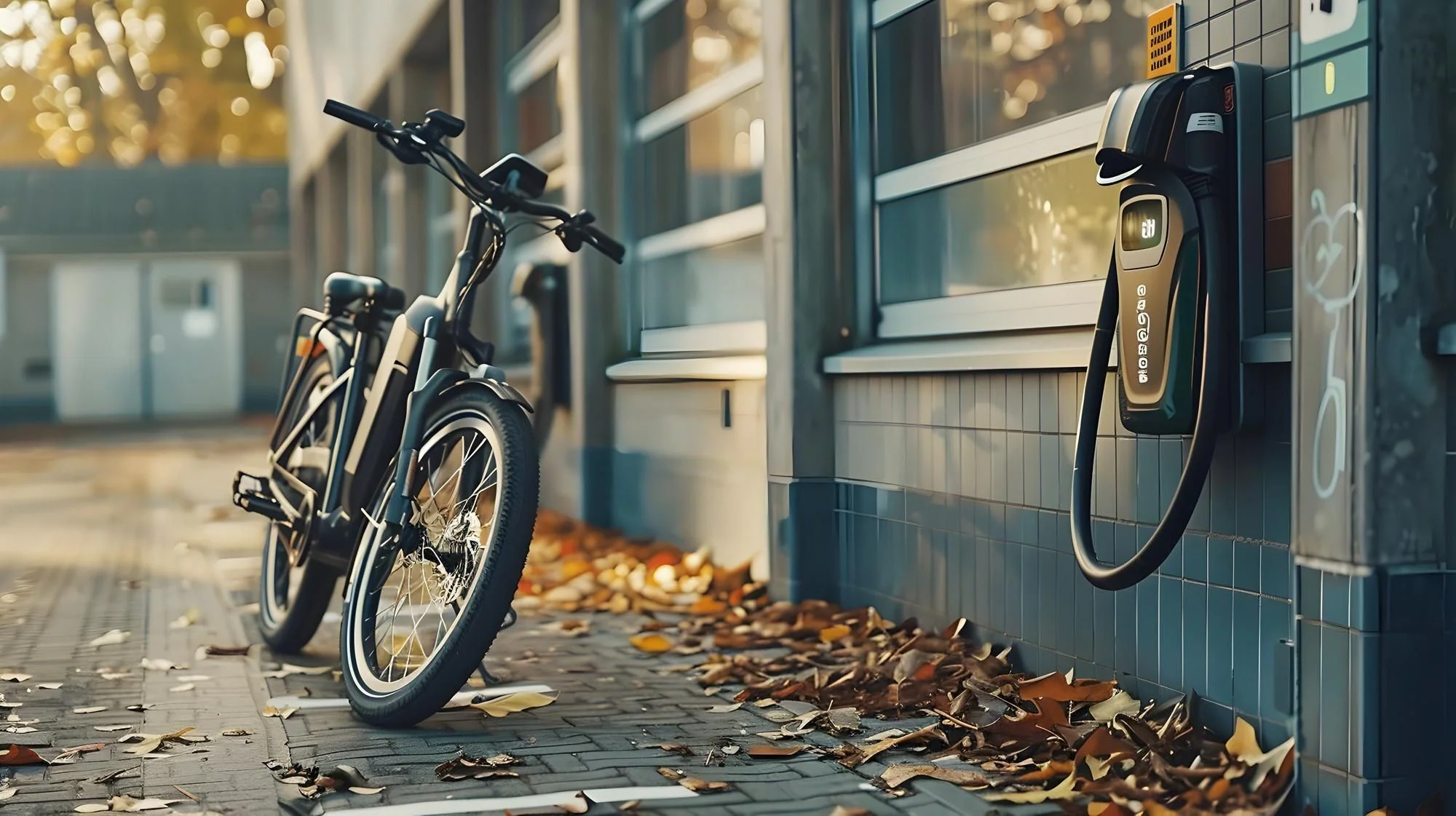 Elcykel vid en laddstation som illustration till nya krav på hållbar mobilitet och cykelparkering