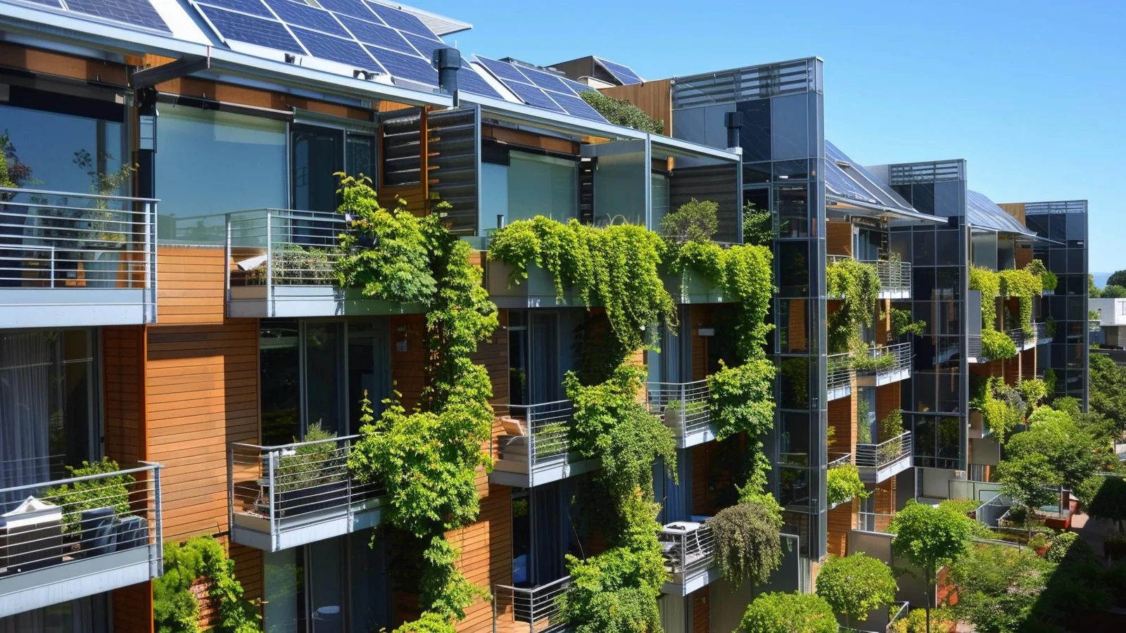 Modern energieffektiv flerbostadsbyggnad med gröna tak och solpaneler som illustration till nya energideklarationsregler