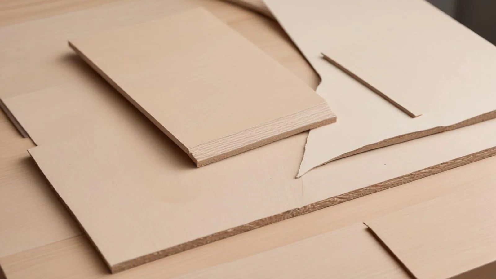 Tre materialprover med massivt trä, fanerad skiva och MDF som illustrerar skillnader i möbelmaterial