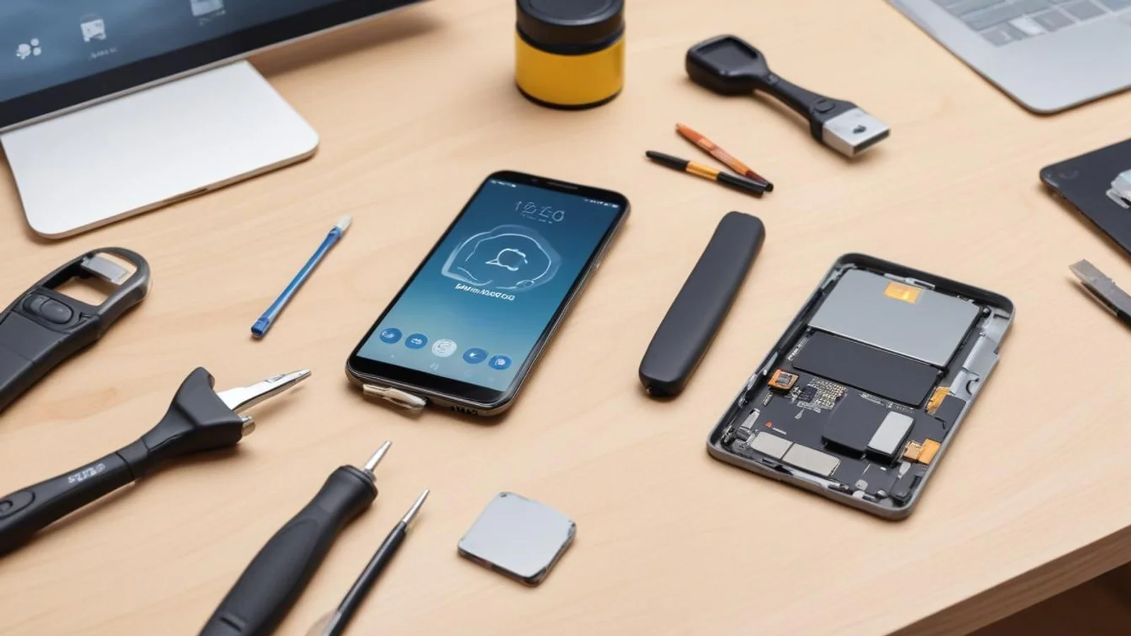 Smartphone på ett reparationsbord med backup och SIM-hantering som illustrerar förberedelser före mobilservice