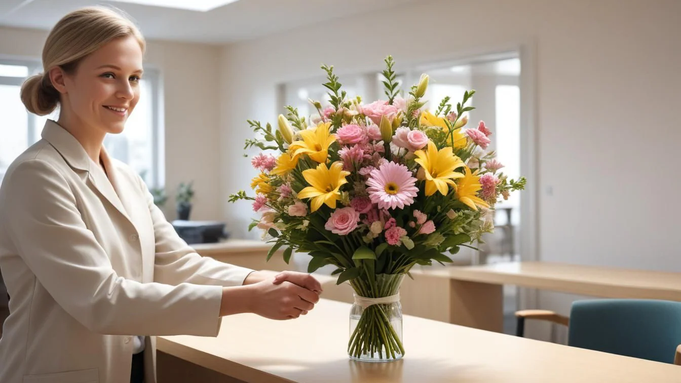 Blombukett vid en reception som illustrerar leverans till sjukhus, äldreboende eller hotell