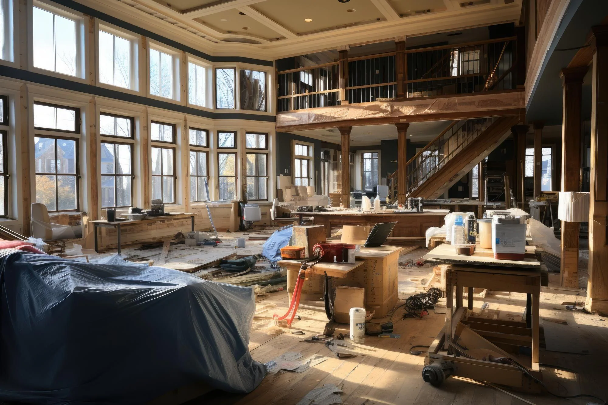 Vardagsrum under omfattande invändig renovering