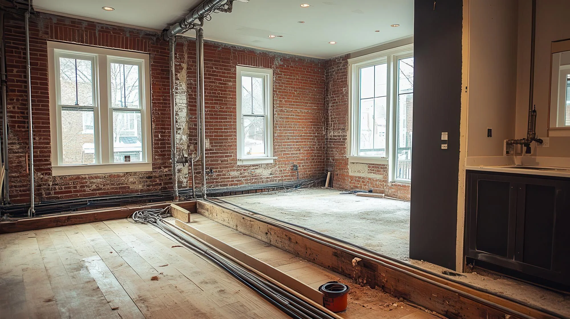 Lägenhetsrenovering med synliga installationer och pågående byggarbete