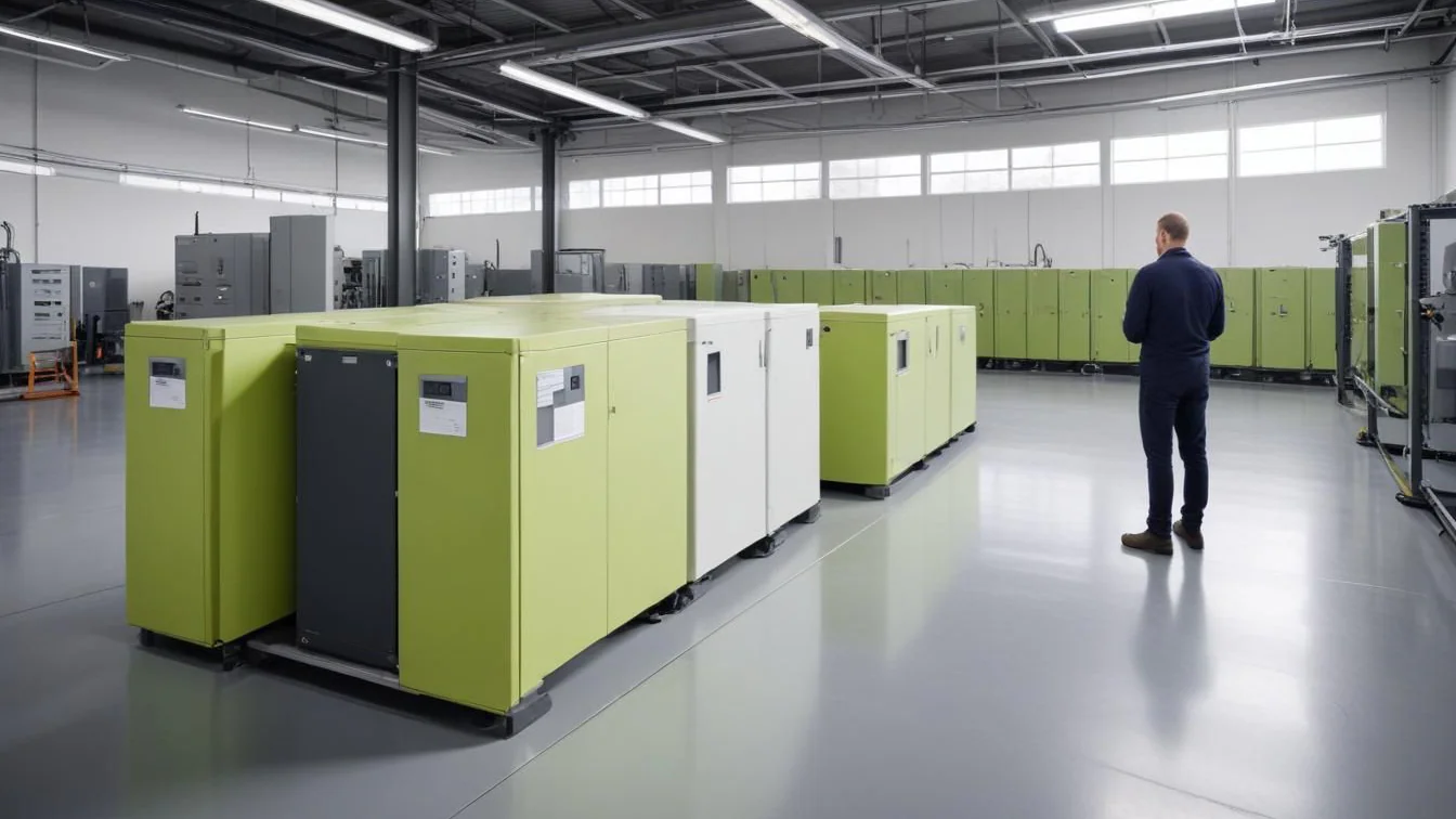 Stationärt batterilager med återbrukade elbilsbatterier i industrimiljö – illustration till Rebabas finansiering