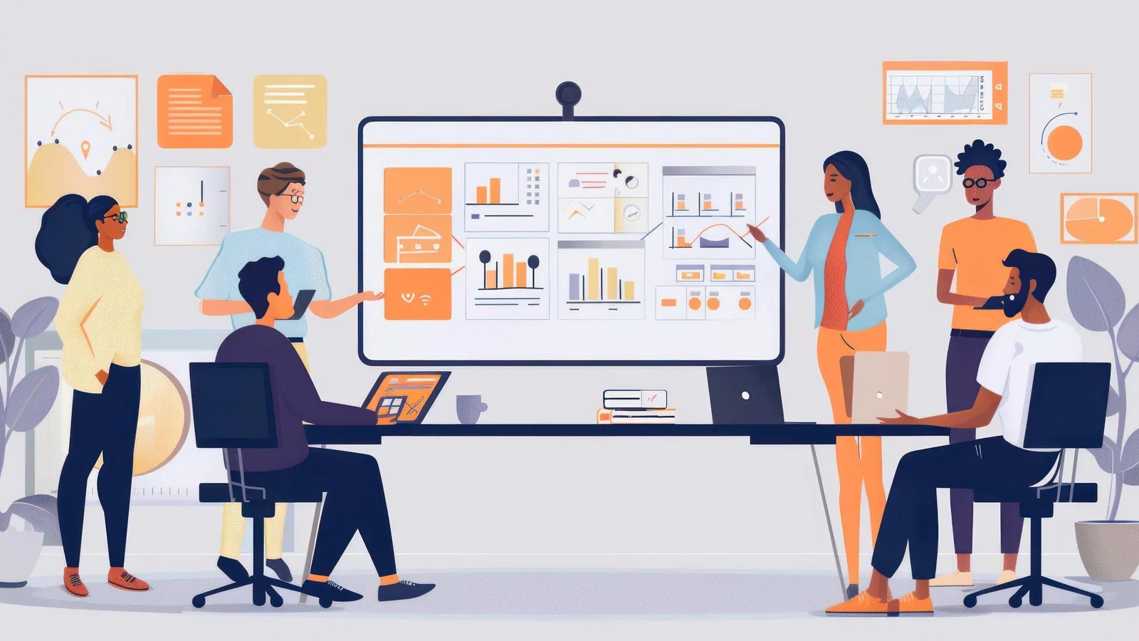 Team samarbetar vid en digital whiteboard – illustration till Bending Spoons köp av Miro