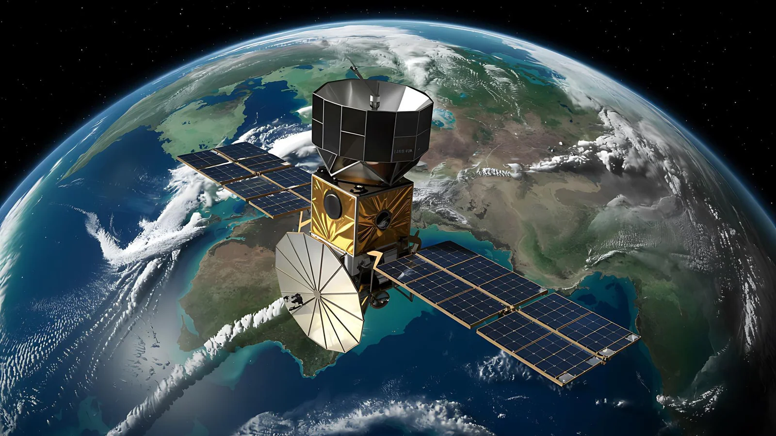 Illustrationsbild av satellit i omloppsbana runt jorden för artikel om GalaxEye och OptoSAR