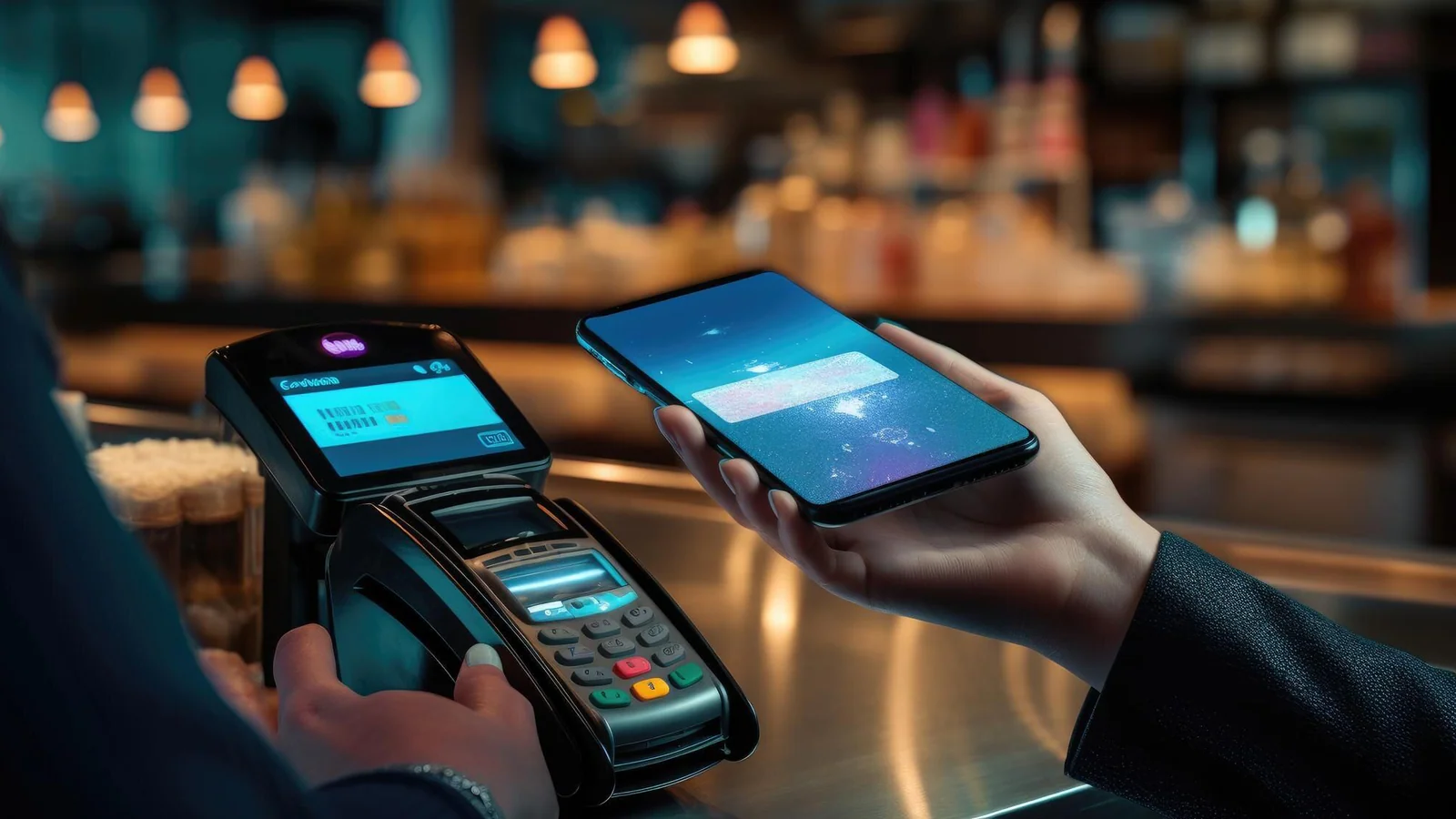 Person gör en kontaktlös mobilbetalning vid en betalterminal