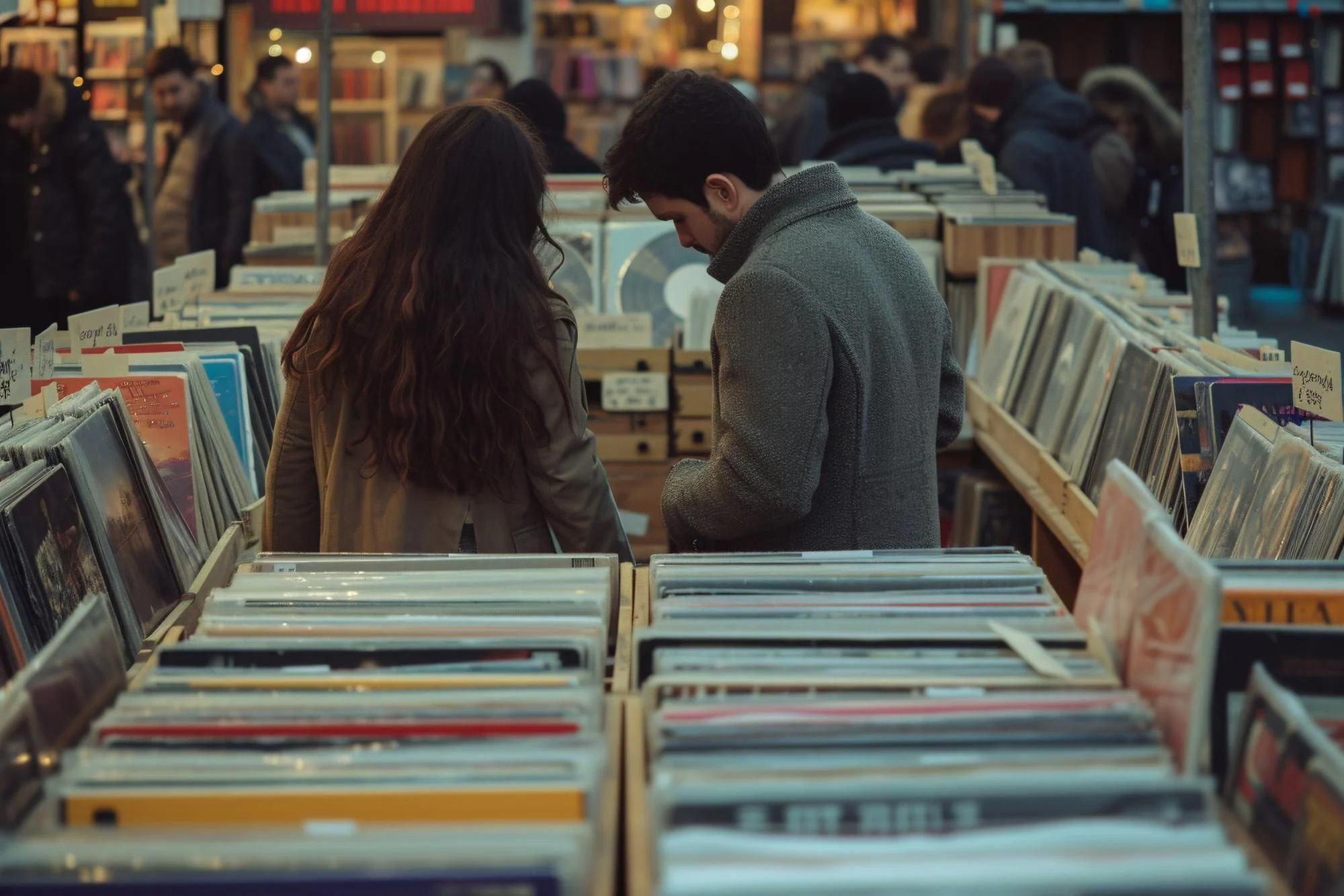 Personer jämför vinylskivor på en marknad, som exempel på nya och begagnade köp