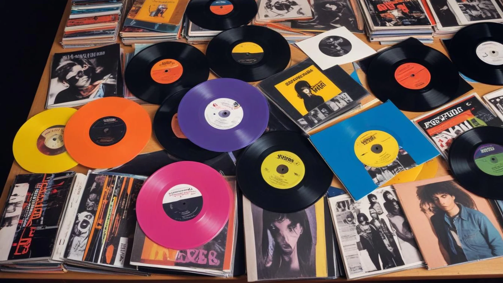 Färgade 7-tums vinylsinglar arrangerade som illustration till Spice Girls jubileumsbox