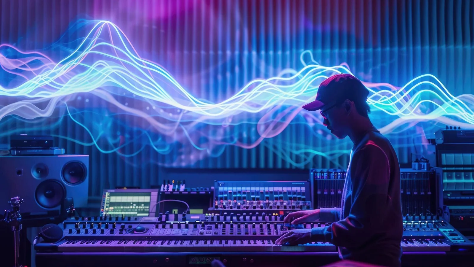 Illustrationsbild av musikproducent i modern studio med AI-tema; bilden föreställer inte Suno, Warner Music eller BMG.
