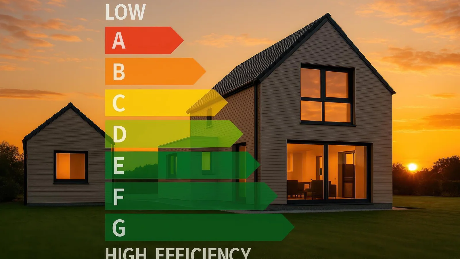 Modernt bostadshus med energiklasskala som illustrerar energideklaration och energiprestanda